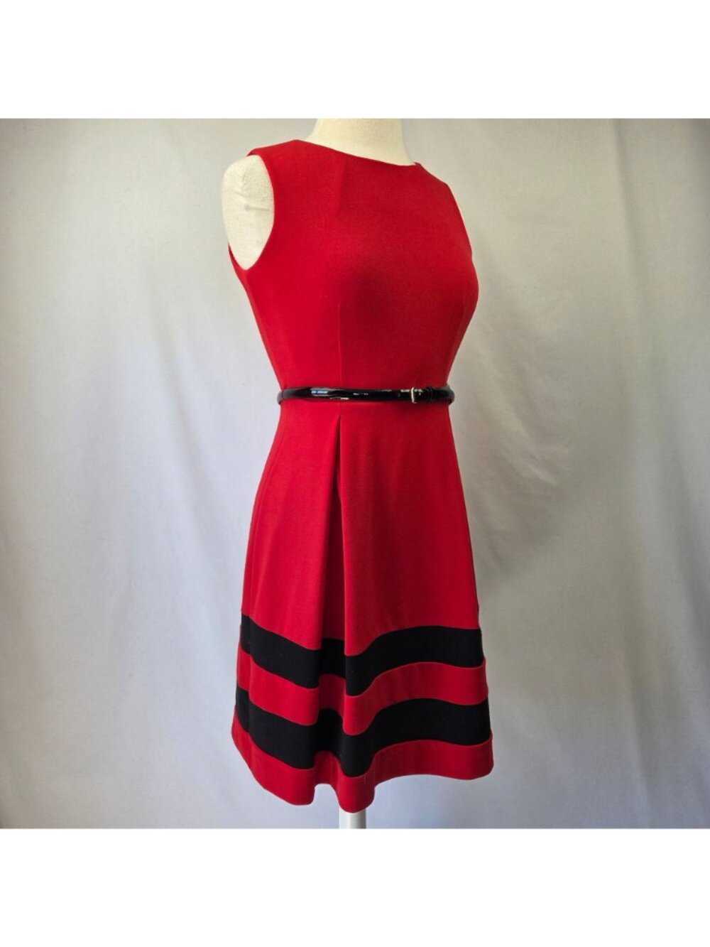 Calvin Klein Red & Black Striped Sleeveless A-Line Dress With Belt Size 4P - Picture 2 of 14